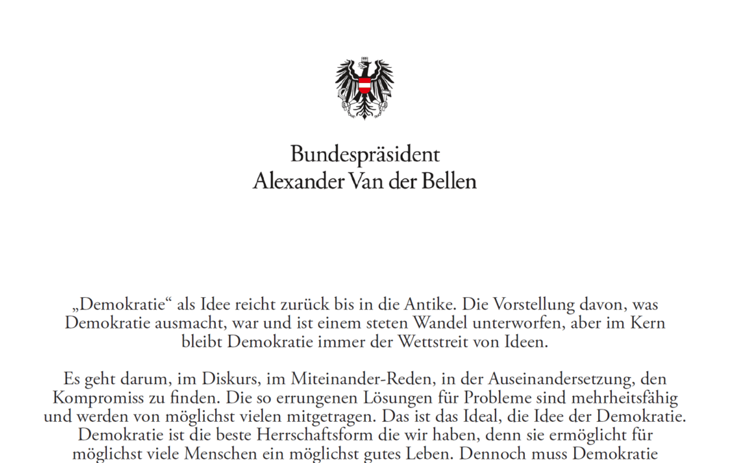 Grußbotschaft Bundespräsident Van der Bellen zur Veranstaltungsserie “Zukunft der Demokratie”