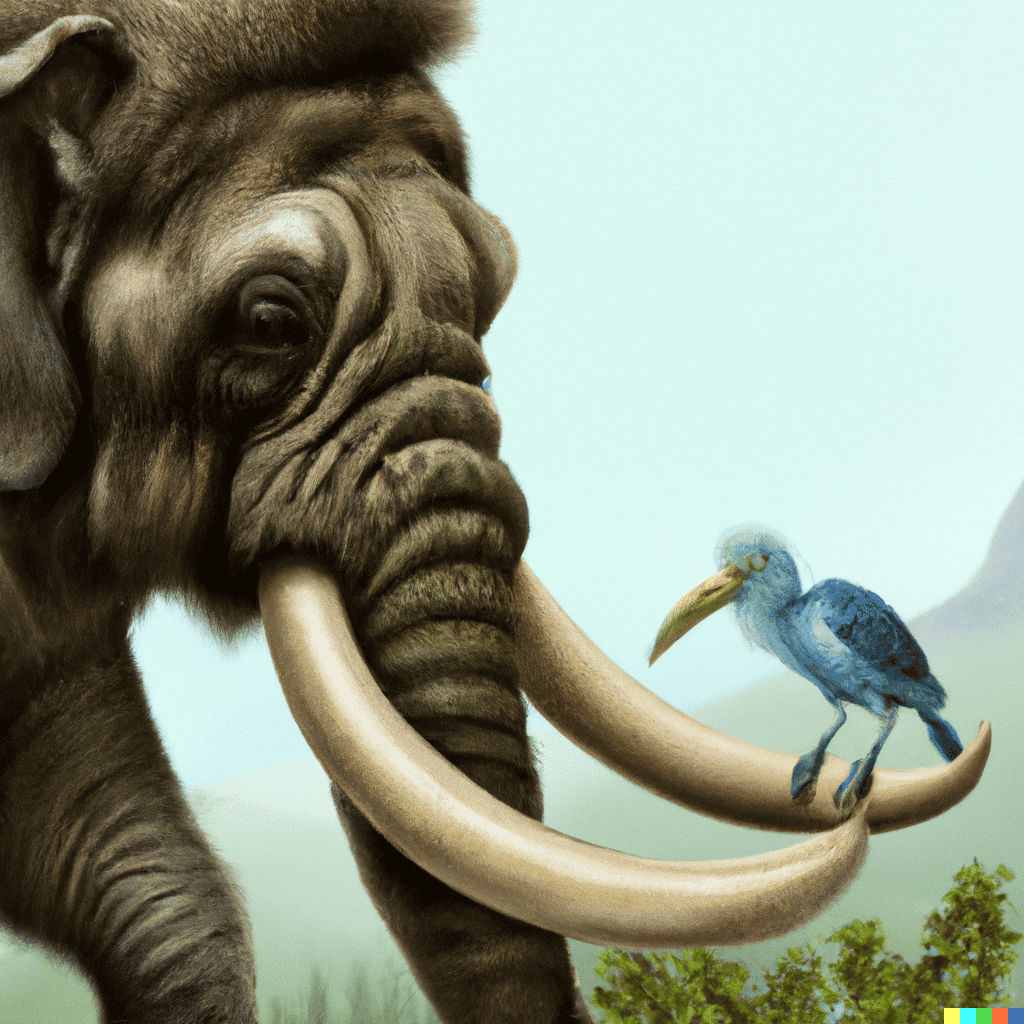 Ein Mastodon, auf dessen Stoßzähnen ein blauer Vogel sitzt