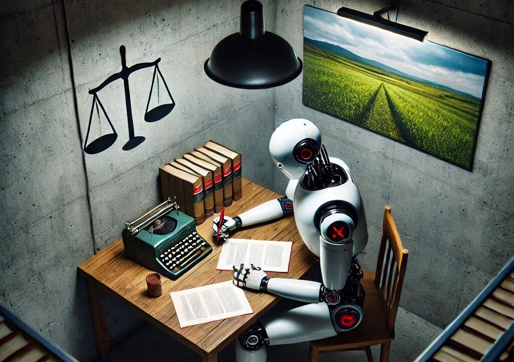 Ein Roboter sitzt in einem dunklen Kellerraum an einem Tisch mit Blättern und hat einen roten Stift in der Hand. Auf dem Tisch steht eine Reihe von alt aussehenden Büchern. An der Wand sieht man ein Waagen-Symbol und ein Bild von einer grünen Wiese und blauem Himmel.